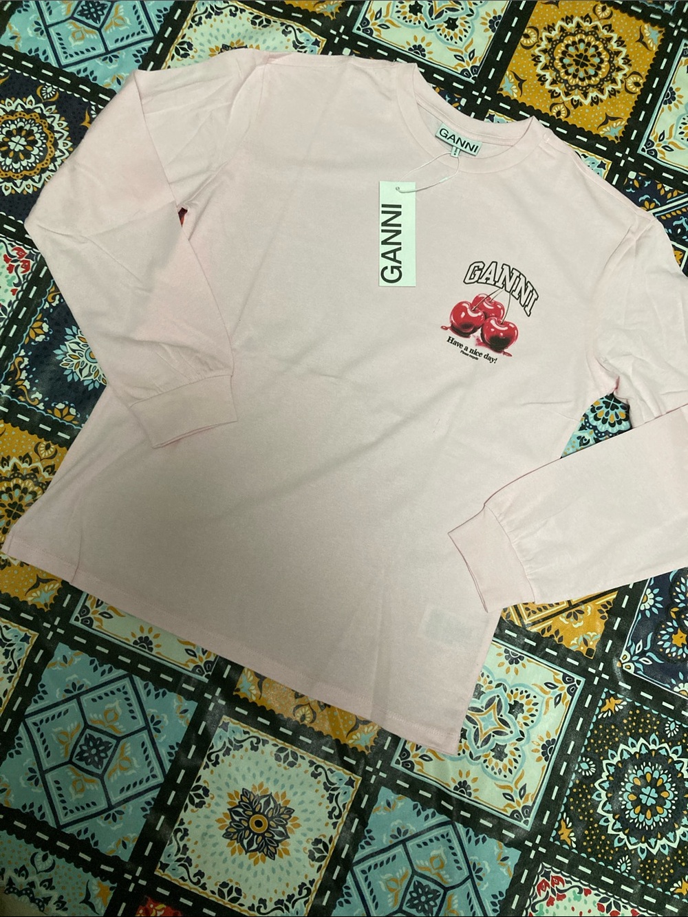 Ganni Light Pink Cherry Print Crew Neck Long sleeve Cropped cotton T-shirt Tee
